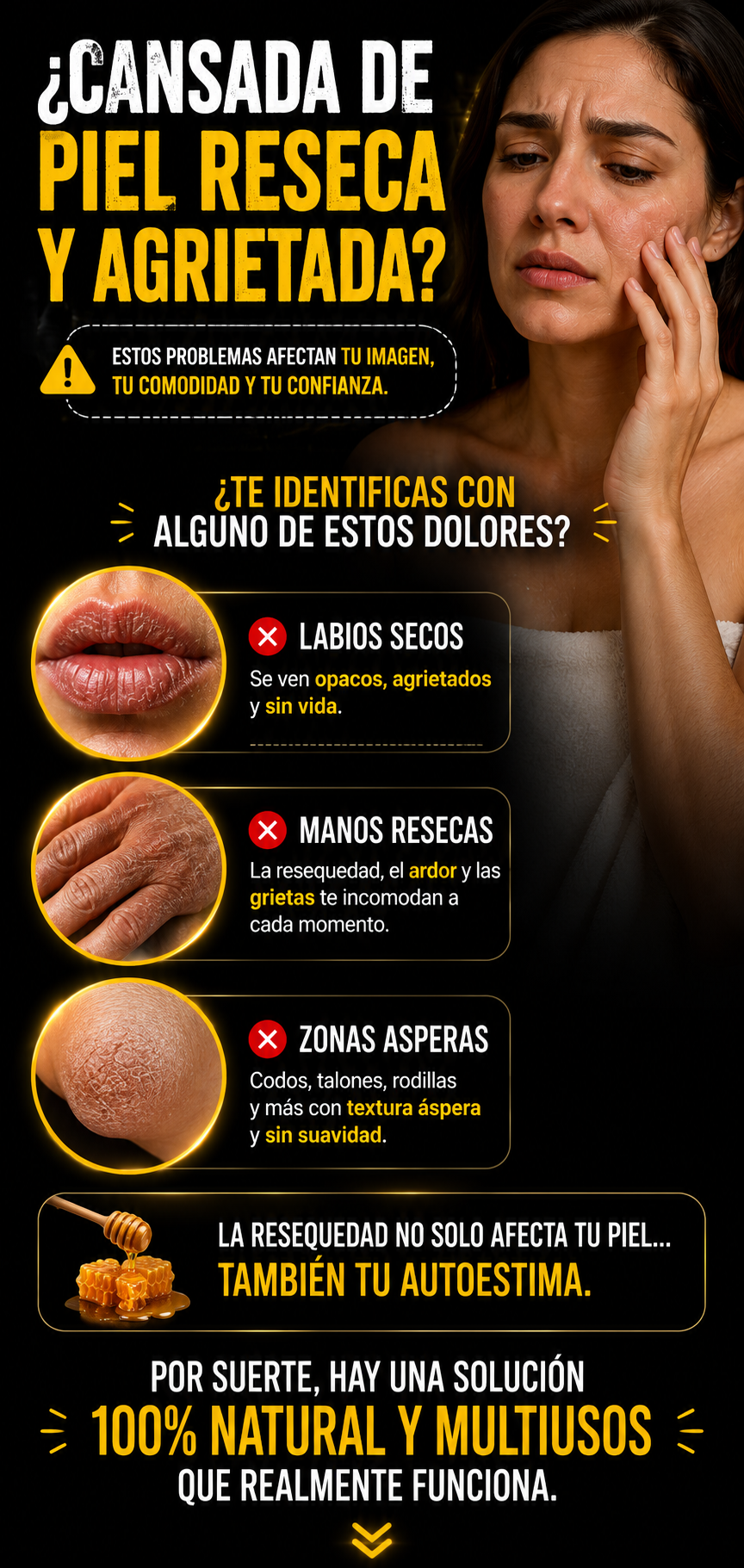 Piel reseca y agrietada en labios, manos y zonas ásperas