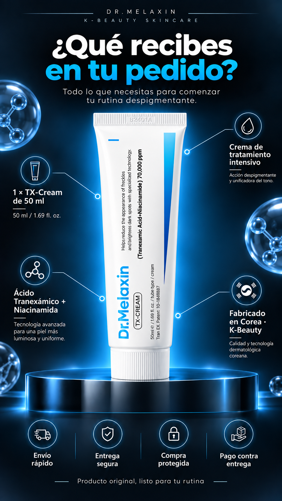 Qué recibes en tu pedido: 1 TX-CREAM de 50 ml fabricada en Corea