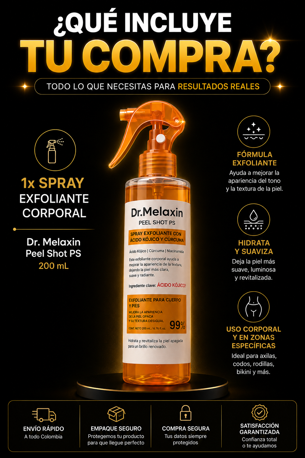 Qué incluye tu compra: 1 spray exfoliante corporal Dr. Melaxin de 200 mL