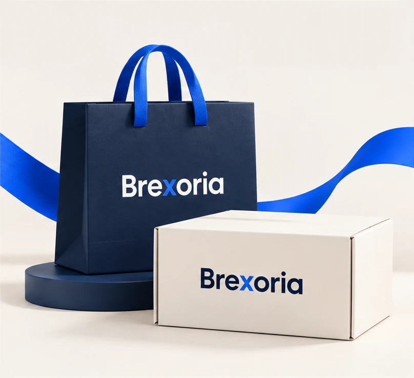 Bolsa azul y caja clara con la marca Brexoria.