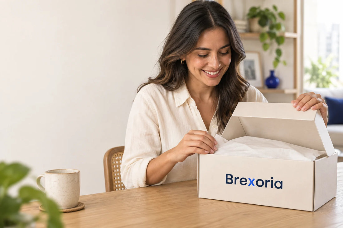Mujer abriendo una caja de Brexoria en casa.